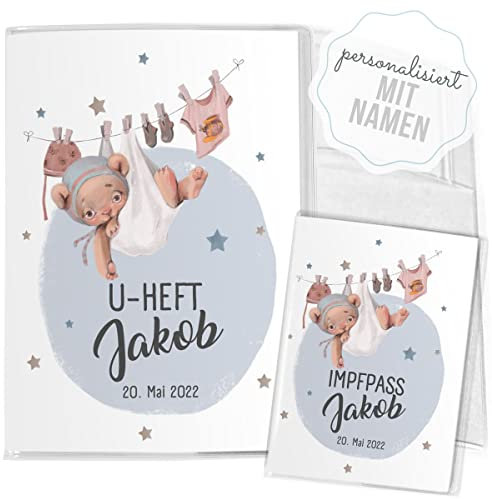 Mikalino Hülle für U-Heft + Impfpass Süßer kleiner Bär blau (Name, Datum) Impfpasshülle & Schutzhülle, Grösse:U-Heft Set 3-teilig personalisiert, Farbe:7001_Baer
