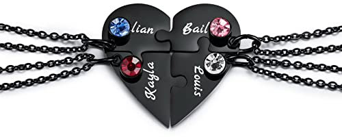 MunkiMix Personalisierte Halskette für Männer/Frauen, Paar-/Freundschaftskette für 2/3/4/5 Teile, Schwarz/Silber Herz-Puzzle-Teile-Halsketten-Sets, Name/Text-Gravur Edelstahl-Halskette (4 Stück+Stein)