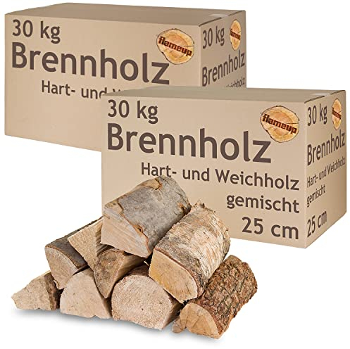 Brennholz Gemischt Kaminholz 5-500 kg Buche Eiche Birke Kiefer Fichte Holz Für Ofen und Kamin Kaminofen Feuerschale Grill Feuerholz 25 cm Wood Kammergetrocknet Flameup, Menge:60 kg