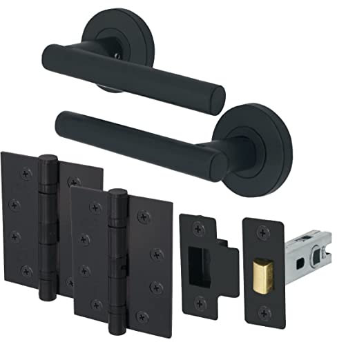 EAI Round Internal Door Handle Set - Matt Black | Latch (78mm), Handle, & Hinges (102mm) | Universal Black Handle | Office, Bedroom, Kitchen, Lounge & Closet Lever on Rose | Interior Handles