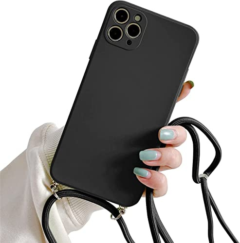 Galful Mobile phone chain for iPhone 14 pro 6.1, silicone case with lanyard smartphone necklace protective bumper with strap shockproof lanyard case cover Black