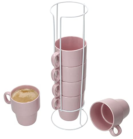 MamboCat Stata Lot de 6 tasses à café avec support I 250 ml I roses empilables en porcelaine avec anse pour café, thé, cacao, cappuccino et latte macchiato pour la maison ou le buffet peu encombrants