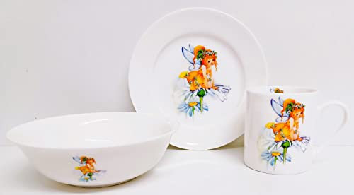 Floral Fairy White Breakfast Set 3 Pieces Plate Mug & Cereal Bowl Fine Bone China Kids Children Fairies & Flowers Hand Decorated UK