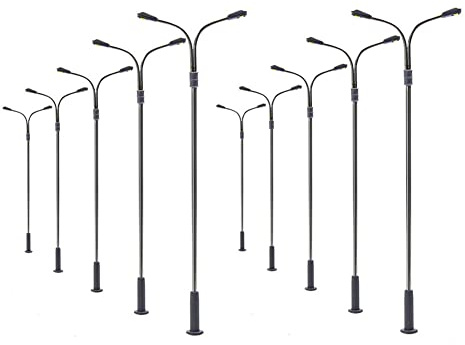 10 Stück Modell Eisenbahn Zug Lampenpfosten 14 cm 14 cm OO HO Skala Zwei Köpfe weiße Lampe LED Straßenbeleuchtung Szene Dekoration für Sandtisch und Parkmodelle