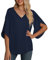 Yommay Women's Plus Size Chiffon Blouse Ladies Tops Elegant Casual Loose 3/4 Bell Sleeve V Neck Summer Blouse T Shirts(Navy Blue,3X-Large)