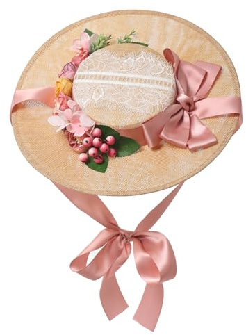 COSDREAMER Sombrero de paja para niñas y mujeres, con cintas de encaje, sombrero pequeño (L)