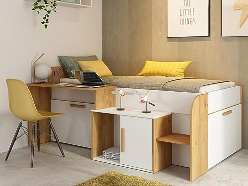 Vente-unique - Kombi-Bett 90 x 200 cm - Mit Schreibtisch & Stauraum - Weiß & Holzfarben + Lattenrost + Matratze - Pedro