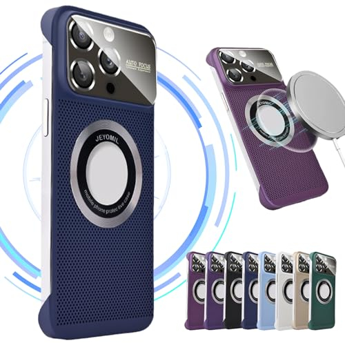 Electroplating Heat Dissipation Magnetic Hollow Phone Case for iPhone 15 14 13 12 Pro Max, Borderless Large Window Magnetic Cooling Case, Ice Sense Heat Dissipation Phone Cover (15ProMax,Dark Blue)