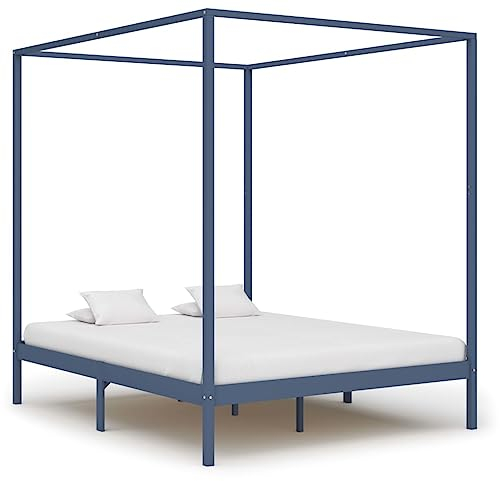 Annlera Himmelbett-Gestell Grau Massivholz Kiefer 180x200 cm Bettgestell Bed Frame Bettrahmen Holzbett Jugendbett Doppelbettrahmen