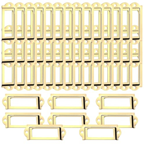 50 Stück Metall Etikettenhalter, Vintage Metall Etikettenrahmen, Schublade Aktenschrank Etiketten, ür Büros, Bibliotheken (60 x 24 mm/Gelb)
