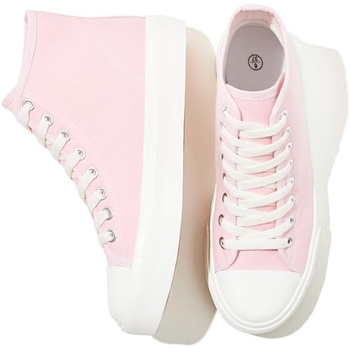 Uoidru Baskets montantes pour femme en toile blanche - Chaussures décontractées à lacets tendance, rose, 41.5 EU