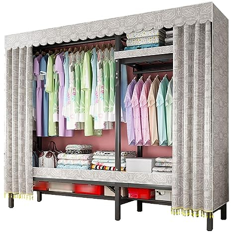 UYSELA Schlafzimmerschränke,Stoffschrank,Faltbarer Kleiderorganizer,Schlafzimmergarderobe,Faltbare Garderobe mit 2 Hängestangen und Regalen (Farbe: Grau A,Größe: 170 x 50 x 180 cm)