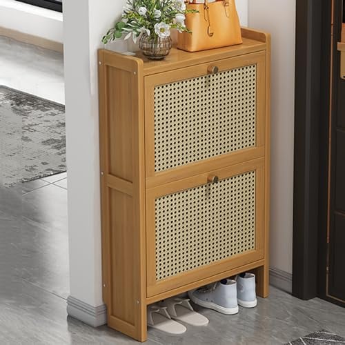 Generic 2/3 Drawer Hall Shoe Storage Cabinet, Narrow Bamboo Storage Cupboard Freestanding Footwear Organizer With Flip Doors Pull Down Rack For Hallways And Living Room (68×17×87cm)