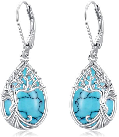 Lebensbaum 925 Sterling Silber Ohrringe für Damen - Baum des Lebens Türkis Leverback Schmuck für Frauen Mädchen (C1)