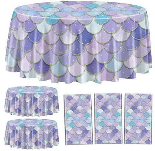 3 Stück Meerjungfrau Tischdecken, Meerjungfrau Geburtstag Tischabdeckungen, Runde Ozean Meer Fisch Schuppen Tischdecken für Mädchen unter dem Meer Baby Dusche Meerjungfrau Party Supplies, 213 x 213cm