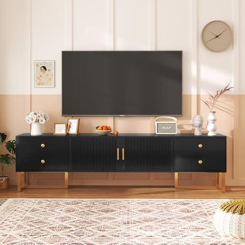 Ntxplora Luxuriöser Tv-Schrank, Mit Strukturierten Türen, Moderner Tv-Schrank, Mit Goldenen Griffen Und Beinen Und Zentralem Staufach, Geeignet Für Schlafzimmer (ohne Matratze)(Color:schwarz)