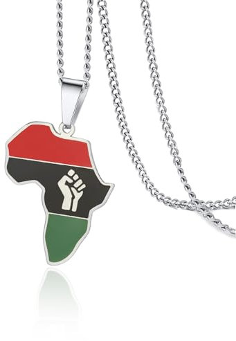 VASSAGO Afrikanische Halskette mit Faust Power in Pan für Damen, Edelstahl, farbige Afrika-Karte, Anhänger, Halskette, Afrika-Karte, Kontinent, Hiphop-Schmuck, Geschenk für Männer, Edelstahl