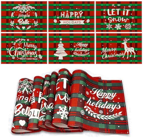 Tischset Weihnachten Abwaschbar 6Pcs Platzset Weihnachten Set 32x45cm Leinen Platzdeckchen Weihnachten Stoff, Rentier Tischdeko Weihnachten für Tisch und Weihnachtsdekoration