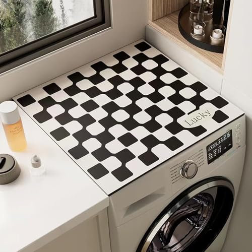 Hearda Tapis de Dessus de Machine à Laver, Tapis de Dessus de Machine Laver Antidérapant Simple, Housse de Protection Machine à Laver pour Sèche (30x40cm,Plaid Noir)