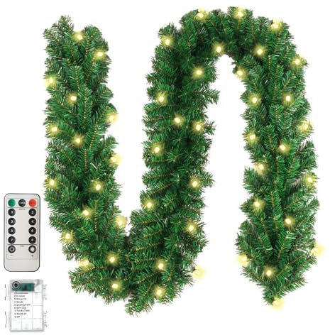 Weihnachtsgirlande mit Beleuchtung, 3M 100 LED Girlande Weihnachten Beleuchtet Tannengirlande mit Beleuchtung Batterie Tannengirlande Weihnachten Girlande mit Timer für Innen Außen (160 Zweige)