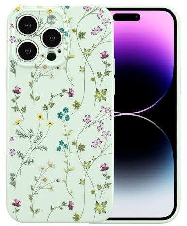 RALEAVO Flower Case for iPhone 13 Pro (6.1”), Girls Floral Silicone Shockproof Case Cover with Cute Patterns Protective Case for iPhone 13 Pro-Green