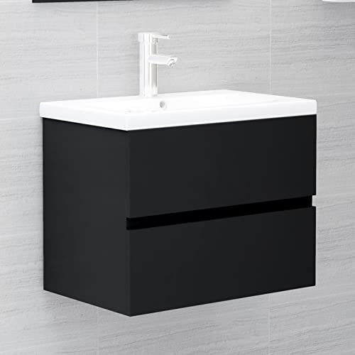 IKAYAA Mobile Bagno Sospeso con Lavabo Armadietto Bagno con Lavabo con 1 Cassetti Mobile Bagno con Lavabo Integrato-Nero-60 x 38.5 x 45 cm/Senza Rubinetto e Scarico