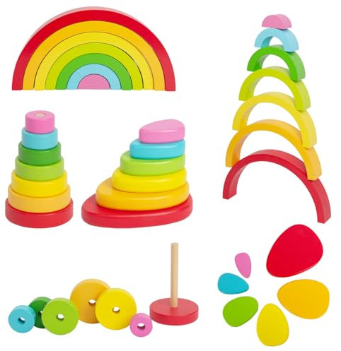 WOODENFUN Regenbogen Holz Spielzeug Bausteine, Montessori pädagogisches Spielzeug, Regenbogen Block Stapeln 3-teiliges Set Kleine Bausteine (Kleines Set)