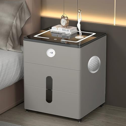 LED Bedside Table with Charging Station, Nightstand with 2 Drawers, Modern Bedside Cabinet with Bluetooth for Bedroom Living Room Home Furniture,Grey
