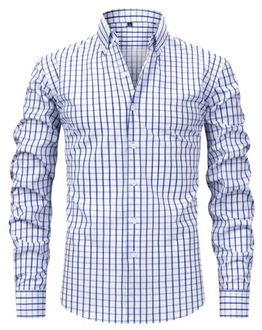 Foweknow Chemise à carreaux à manches longues pour homme - Col revers - Chemise à carreaux - Chemise d'été décontractée - Coupe droite - Avec poches - Respirante - Légère