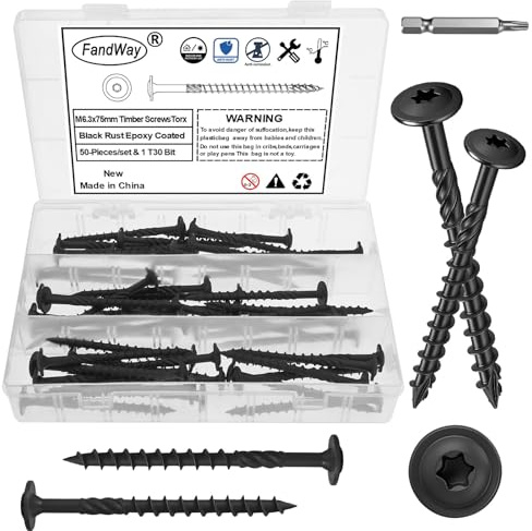 6,3x75mm Holzschrauben Torx,Tellerkopfschrauben mit Torx-Antrieb Epoxid Schwarz,50 Stück Dachkonstruktion Schrauben Konstruktionsschrauben Terrassenschrauben Sparrenschrauben mit BIT T30!
