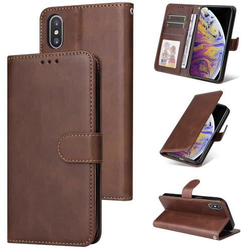 E-Lush Funda para iPhone XS Cuero PU, Flip Leather Libro Piel Movil Carcasa para iPhone X Funda Ranura para Tarjeta Magnético Soporte Case Cover Antigolpes Protección, Oro Rosa
