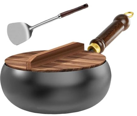 Zuasdvnk Set De Casseroles Antiadhésives - Poêle Wok en Fonte avec Fond Plat | Poêle à Fond Plat avec Couvercle et Spatule, Compatible Feux et BBQ, Idéale pour Cuisine Maison,