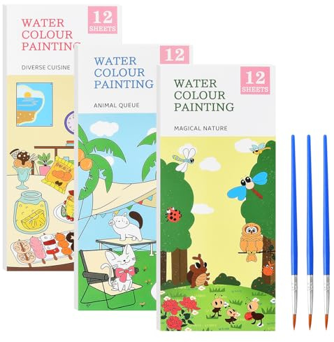 Cahier de Coloriage Aquarelle avec Pinceau Aquarelle, 3PCS Livre Peinture Aquarelle, 36 Pages Livre Coloriage Enfant, Kit de Peinture Aquarelle pour Bricolage Anniversaire Voyage pour Garçons Filles