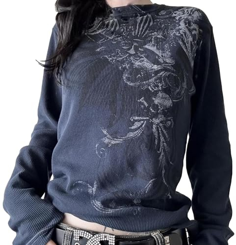 Y2k Fairy Grunge Graphic Long Sleeve Tees Tops Women E-Girls Aesthetic Gothic Skull Print Baggy T Shirts Emo Clothes (Navy#1, S)