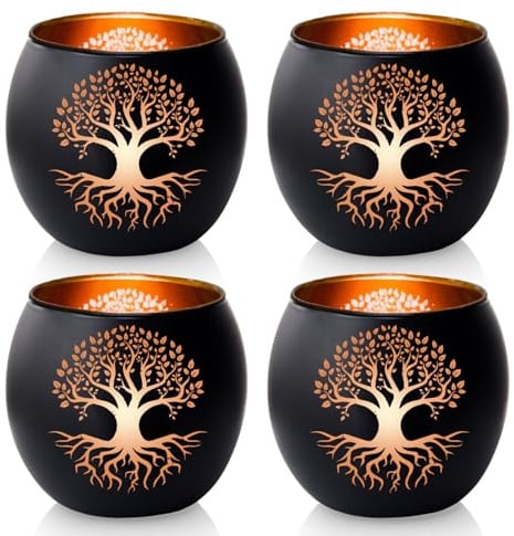 Lebensbaum Kerzenhalter 4er Set - Teelichthalter Glas, Baum des Lebens Windlicht für Tischdeko Wohnzimmer, Spirituelle Geschenke für Frauen Männer, Schwarz & Gold