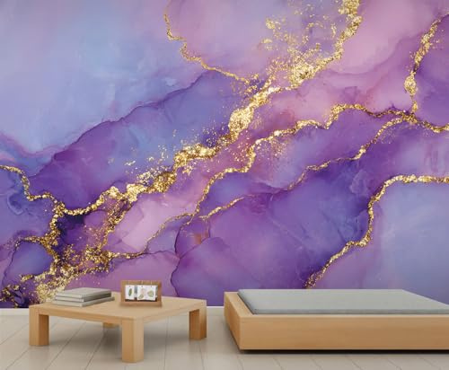 YEMYOR Marble Mural Wallpaper Purple Gold Marble Wallpaper for Living Room Bedroom Abstract Golden Crackle Wall Mural for Kitchen Restaurant Office-100x100cm