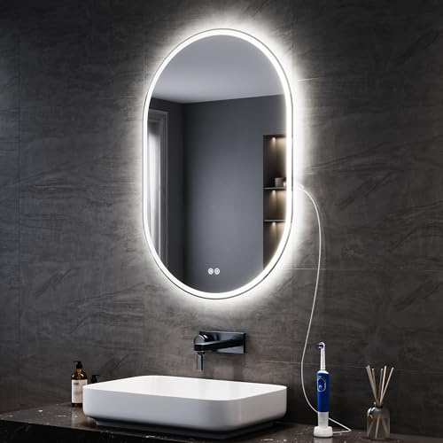 SONNI LED Badspiegel mit Steckdose 90x60 cm, Oval Badezimmerspiegel mit Beleuchtung, Touch-Bedienung + Anti-Beschlag + 3 Farben, dimmbar & Stromausfallgedächtnis