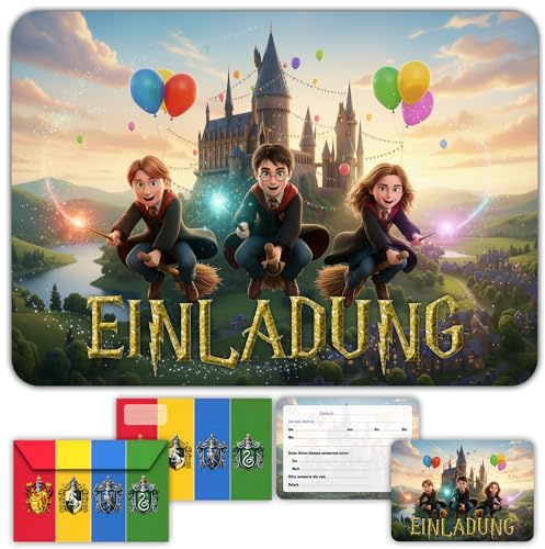 Fun4kid 12x Partyeinladungen Kinder, Geburtstagseinladungen für Jungen mit Umschlägen - Zauberer Thema für Kinder und Jungen - Vorgefüllte Geburtstagseinladungskarten in Deutsch für Partys