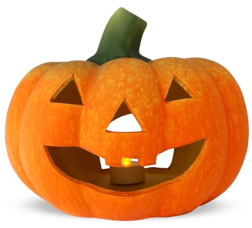 Kürbis-Deko als große Keramik Halloween-Deko LED Set in 22 cm - Jack Lantern Halloween-Kürbis als beleuchtete Outdoor Grusel-Deko - Kürbis Laterne als innen Herbst-Deko oder Garten-Deko Windlicht