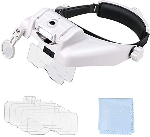 Powcan Lente Ingrandimento con Luce Occhiali Ingrandimento Professionali per Modellismo,Riparazione Orologi,Ricamo,Piccoli Lavori di Miniatura-6 Lenti Intercambiabili 1.0X, 1.5X, 2.0X, 2.5X, 3.5X,8X
