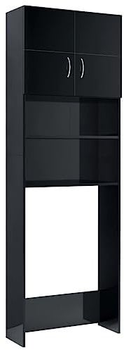 vidaXL Waschmaschinenschrank mit 2 Türen 2 offenen Fächern Badmöbel Badschrank Hochschrank Badhochschrank Hochglanz-Schwarz 64x25,5x190cm