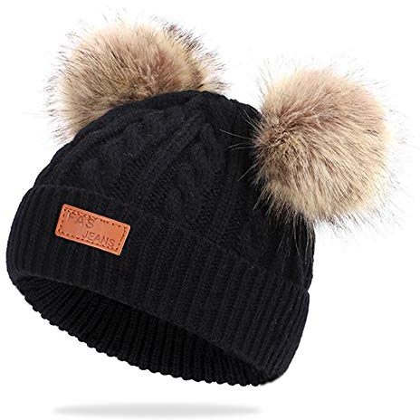 Martin Kench Kinder Winter-Mütze Strickmütze Fellbommel Bommel Strick Mütze Bommelmütze mit 2 Bommeln Mütze für Baby Mädchen Jungen (Schwarz)
