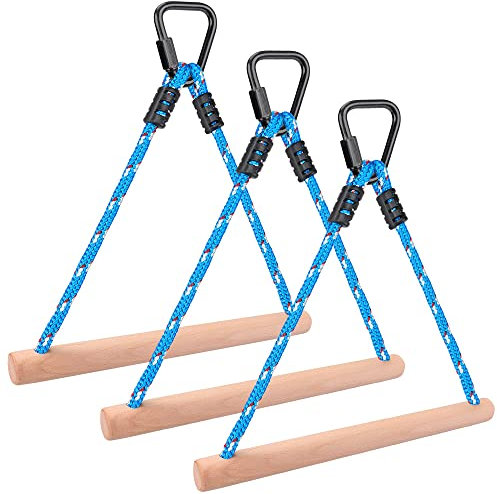 BeneLabel Hindernisparcours Slackline Bar, 3er Dreieck Affenstange 35cm Holz Outdoor-Spielplatz Hängenden Karabiner Trainingsgeräte Indoor-Spaß Aktivität für Kinder, 250lbs, 14+ Jahren, Blau