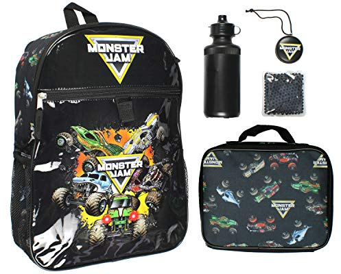 Monster Jam Megladon Grave Digger Max-D Monster Trucks Backpack Lunch Bag Water Bottle Ice Pack 5 Piece Mega Set