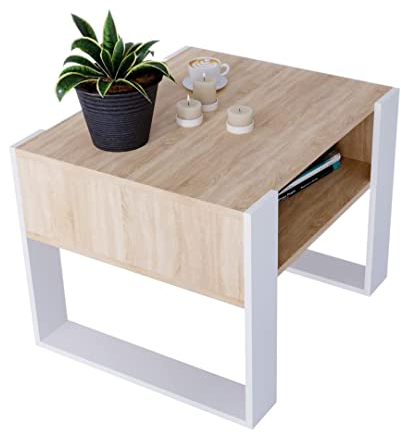 Couchtisch KARO rechteckiger Kaffeetisch aus Holz Modern Teetisch 65 x 53,6 45cm massiv und stabil (Bardolino Eiche/Weiss)