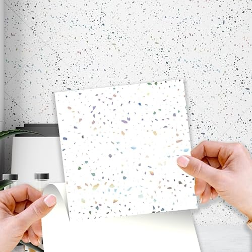 WALPLUS 15cm(6)@48pcs Terrazzo Holographic Glitter White Wall Tile Sticker Tile Paint Stick on Tiles Peel and Stick Self Adhesive Wall Tiles Stickers for Kitchen Bathroom Tile Transfer Backsplash