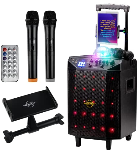 Starument Portable Karaoke Machine for Adults & Kids Complete Karaoke System Includes Bluetooth Speakers on Wheels, 2 Bluetooth Microphones, Disco Ball, LED Speaker Light, Cell Phone Stand & USB Aux
