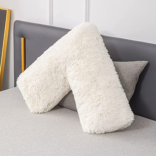 LSC Orthopädisches V-Kissen, weiches und flauschiges Sherpa-Teddy-Fleece-Kissen zur Unterstützung von Kopf, Nacken und Rücken, V-förmiges Mutterschafts- und Stillkissen mit antiallergenem Kissenbezug,