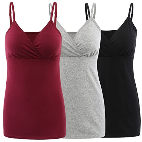 COLOMI Débardeur d'allaitement de maternité avec soutien-gorge intégré pour l'allaitement, Noir + gris + vin rouge / lot de 3, XL