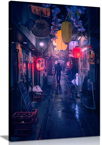 Panther Print Fine Art Prints Tokyo Blue Alley Lights Artistic Framed Canvas Print, Pictures for Home Walls, Bedroom, Living Room & Bathroom Decor 61x41cm (24x16in)